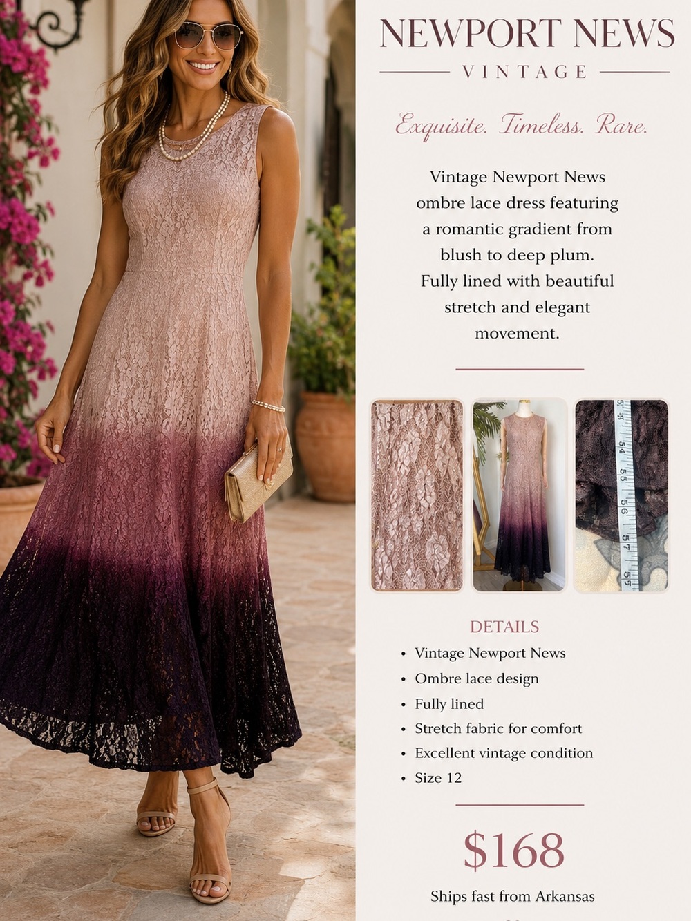 VTG Newport News,Exquisite Descending Ombre,Antique-Lace Dress,Stretch,Size 12 - Picture 9 of 12